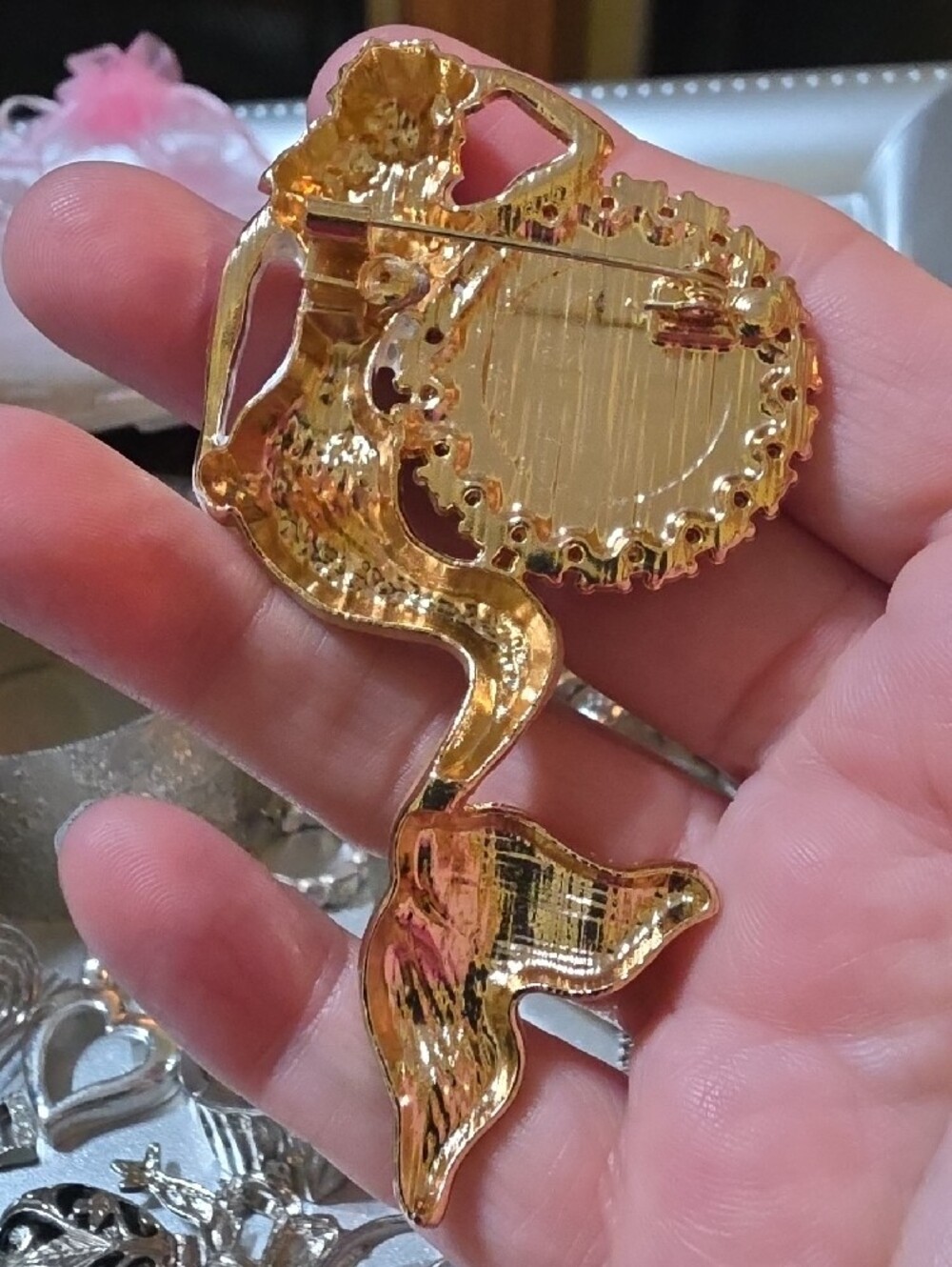 A40- Iridescent Sun & Mermaid Brooch - Orange Gold - Picture 2 of 2